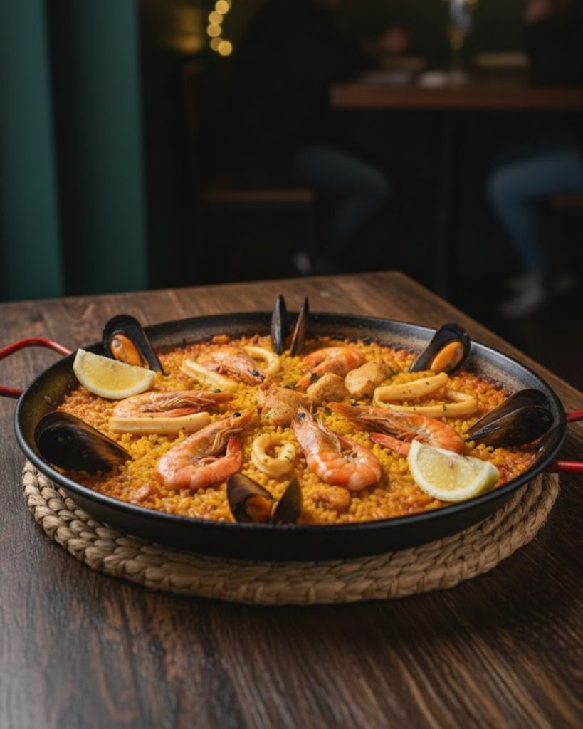 Paella de marisco servida en paellera con gambas y mejillones, tapas originales en Madrid con coins