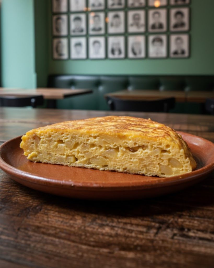 Tortilla de patatas jugosa servida en plato de barro, una de las tapas originales en Madrid con coins
