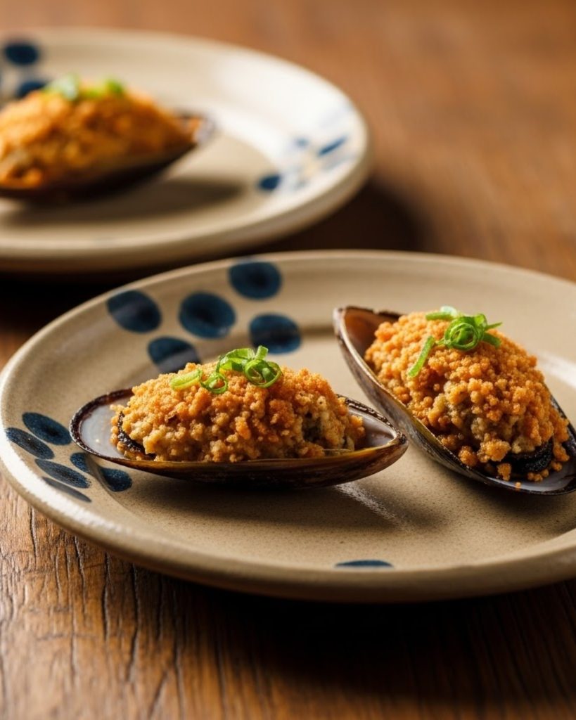 Mejillones con cobertura crujiente servidos como tapa gourmet, tapas originales en Madrid con coins