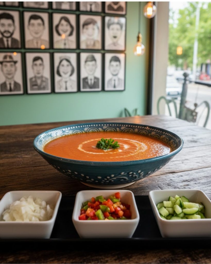 Salmorejo servido en cuenco con acompañamientos, una de las tapas originales en Madrid con coins