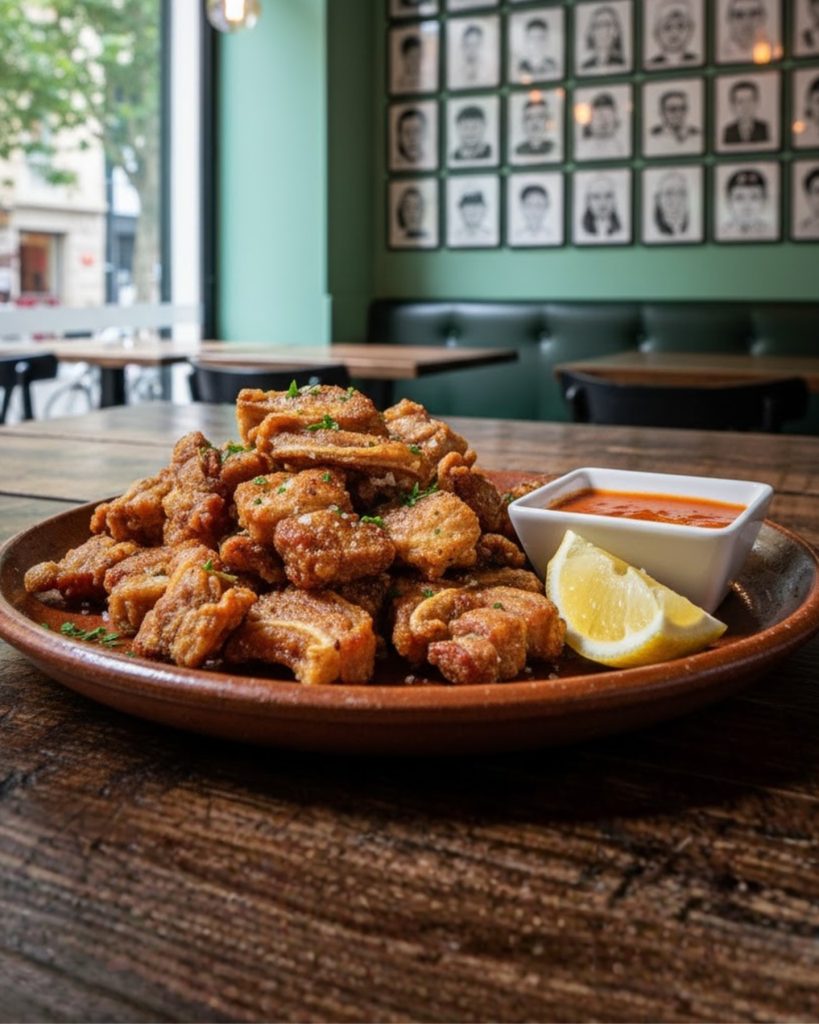 Torreznos crujientes servidos con limón y salsa, una de las tapas originales en Madrid con coins