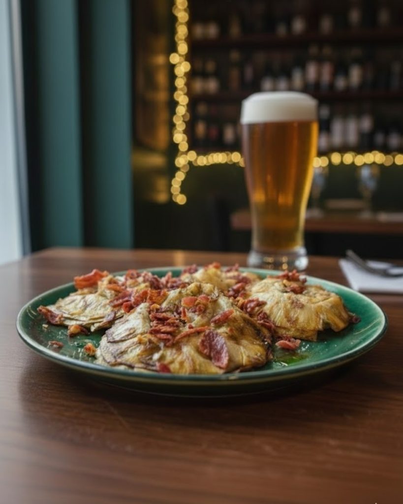 Tortilla de patatas con jamón servida en mesa de bar junto a una cerveza, tapas originales en Madrid con coins